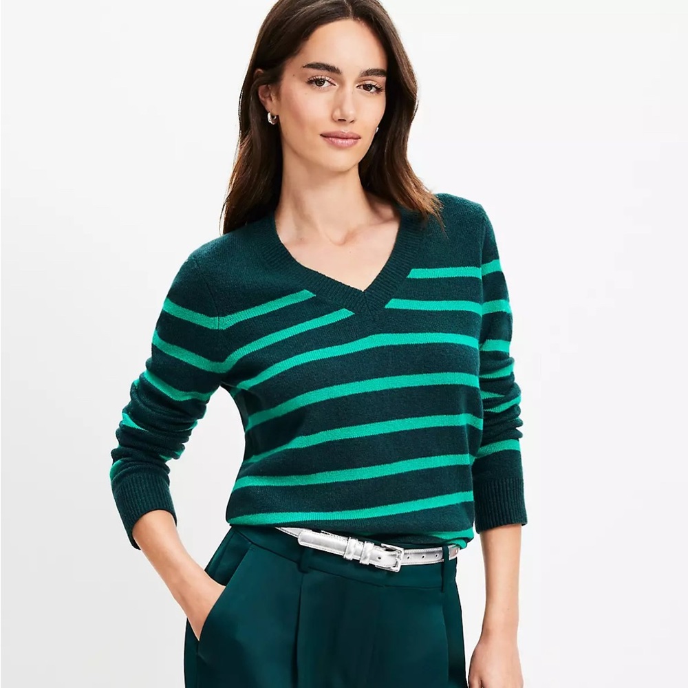 LOFT Teal and Dark Green Striped V-Neck Sweater